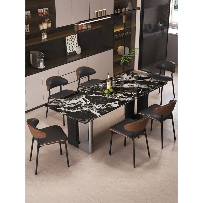 

Black luxury stone dining table Italian light luxury solid wood splicing rectangular dining table and chairs