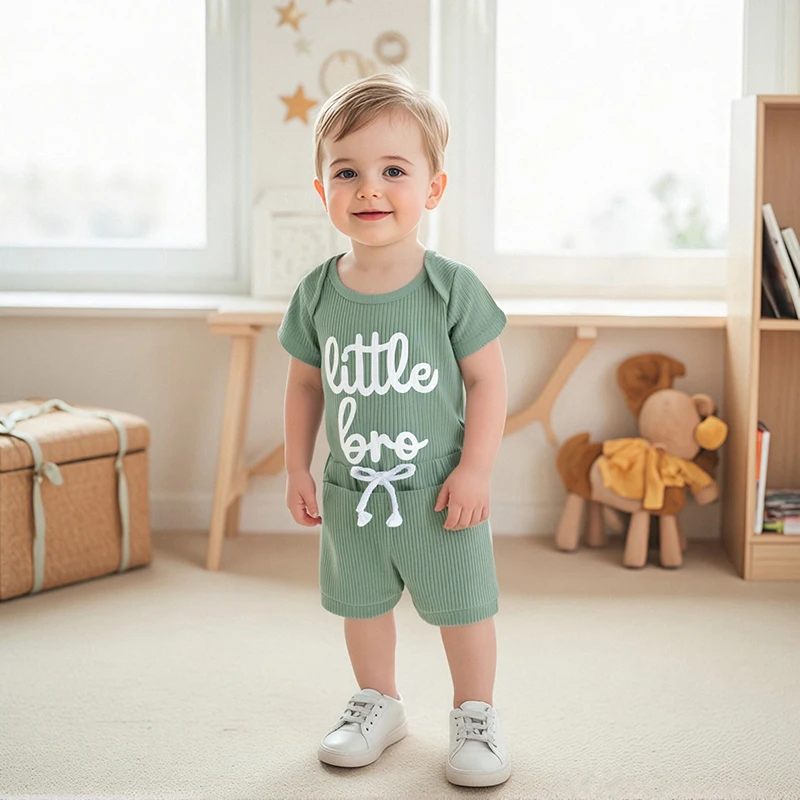 

Baby Boys Summer Outfit Letter Print Short Sleeve Jumpsuit and Elastic Shorts Set 2 Piece Clothes Set