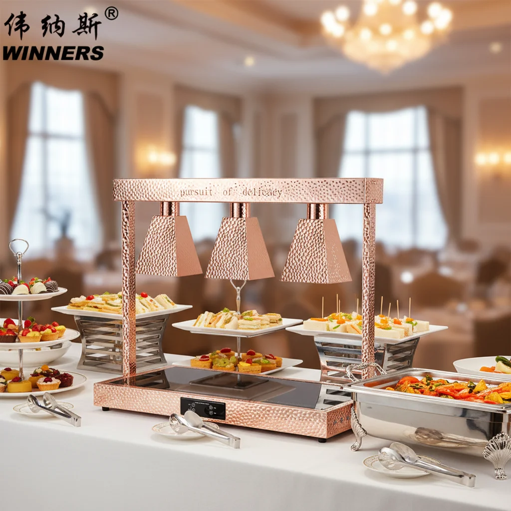 

Rose Gold Stainless Steel Triple Head Buffet Food Heat Warming Lamps Touch Control Electric Heating Plate 2 in 1 Heater