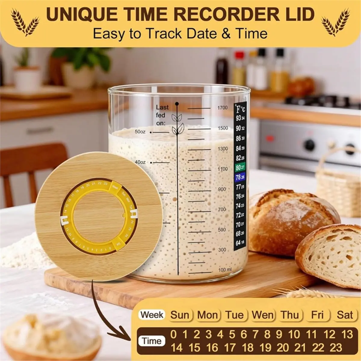 【TODAY-BUY】~@ Sourdough Starter Jar, 50 Oz Large Sourdough Jar with Time Keeper, Scraper, Wide Mouth Glass Sourdough Starter Kit