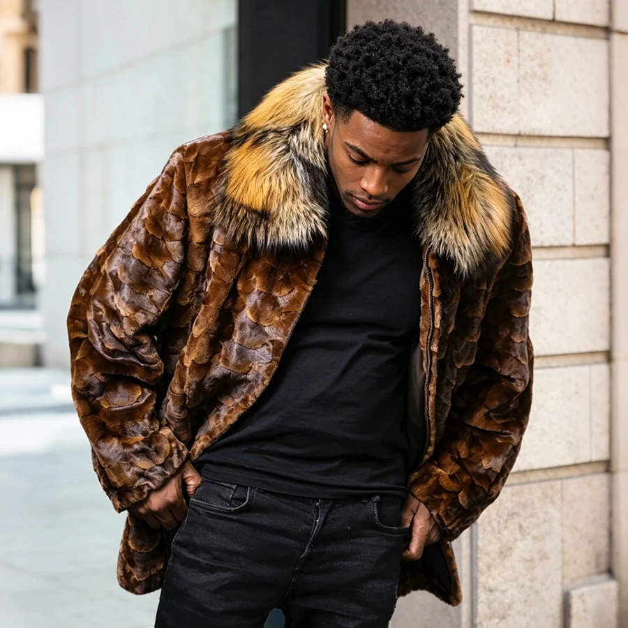 Brown Section Mink Fur Coat With Fox Fur Collar Real Fox Fur Zippered Bomber Jacket Men's Winter Jacket New Genuine Fur Coat