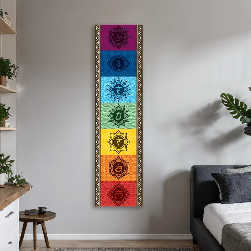 VIKAMA Seven Chakra Mandala Tapestry - Bohemian Border Wall Hanging, Zen Yoga Art, Meditation Room Decor, Spiritual Cloth