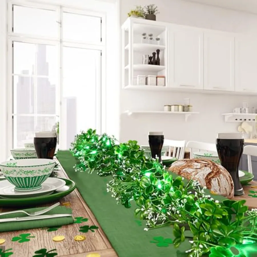 Pack 9.85 Feet St Patrick's Day Garland with 50 LED Green Lights Battery Operated Irish Garland String Lights with 8 Lighting M