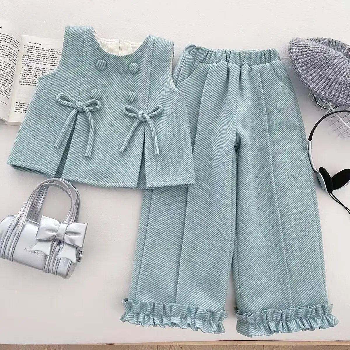 New Style Children's Baby Plush Vest+ Wide Leg Pants Two Piece Set for Little Girls 90-150CM Girls' Winter Set