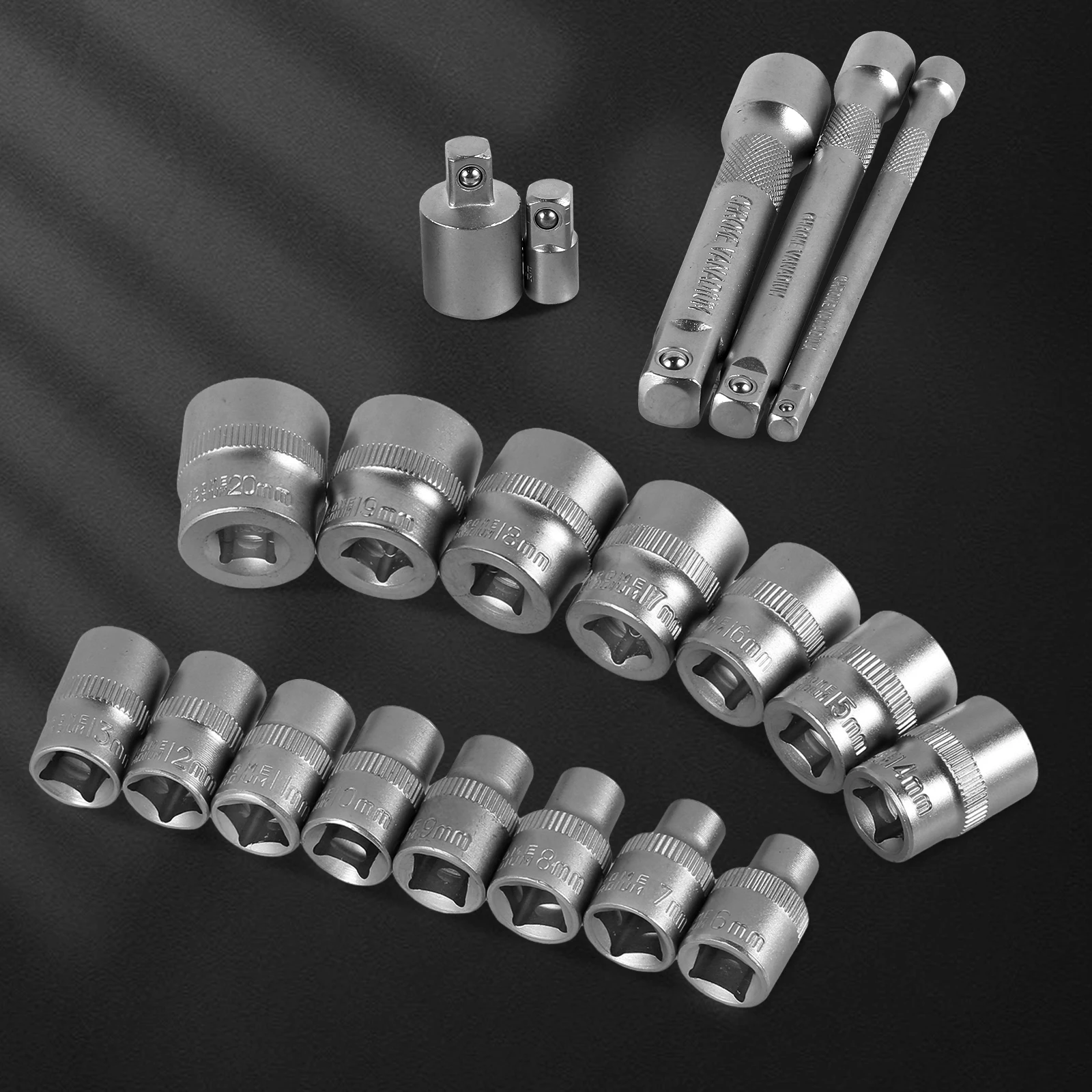 20Pcs Hexagonal Socket Set Alloy Steel Socket Combination Set Portable 3/8inch Socket Tool with Adapter and Post Sturdy Impact