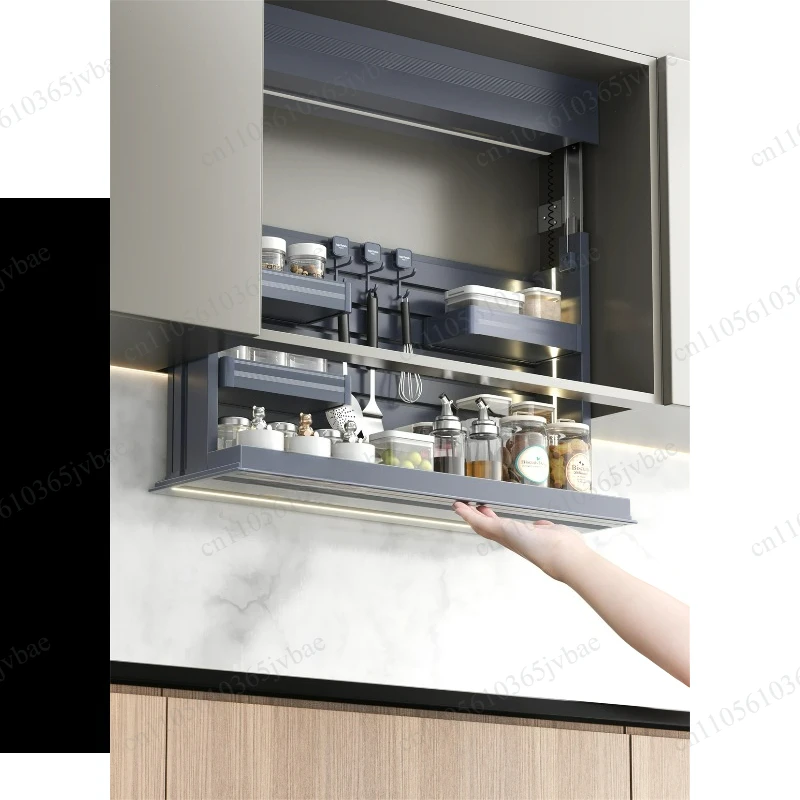 For Kitchen Upper Cabinet Storage Electric Pull Down Cabinet Organizer Smart Lifting Spice Rack with Sensor Light Anti-Collision