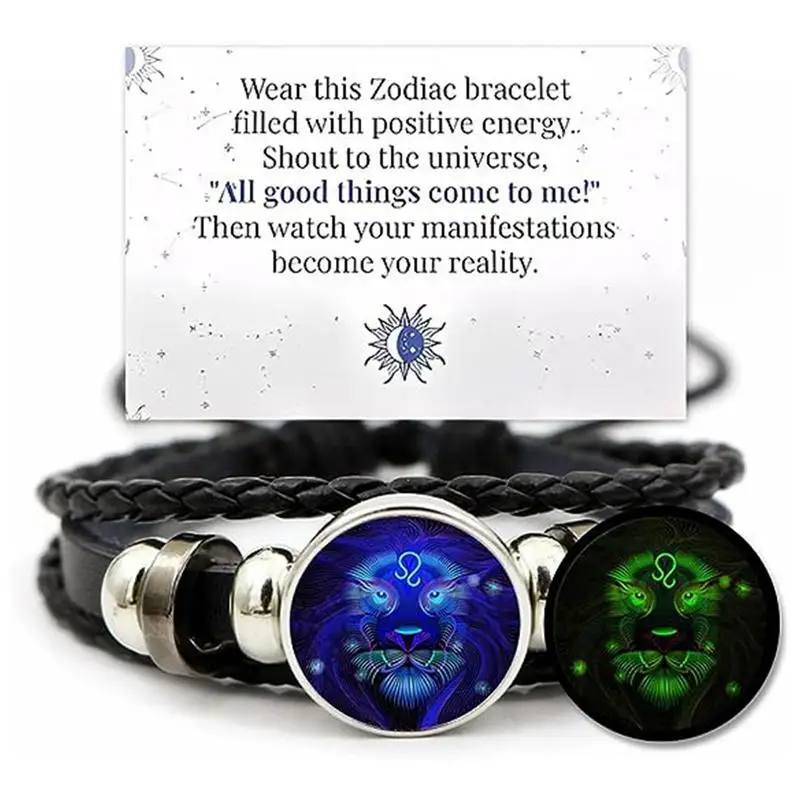 Pulsera hecha a mano con 12 signos del zodiaco, brazalete de piel sintética con 12 signos del zodiaco, ajustable, luminoso