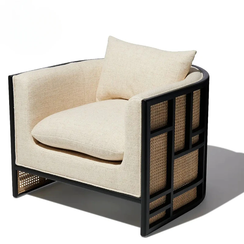 New Chinese style solid wood fabric sofa, rattan weaving combination model room, homestay, hotel, club lobby