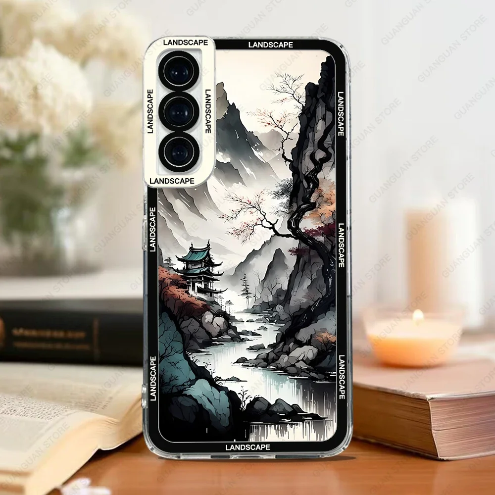 Case For Samsung Galaxy S20 S21 FE S22 S23 Ultra A13 A32 A33 A50 A52 A53 A73 A54 A14 Soft Cover Ink and Wash Landscape