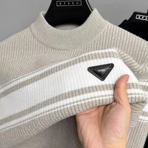 프리미엄 럭셔리 패션 스트라이프 브랜드 자수 남성 스웨터 가을 겨울 캐주얼 보온 두께 라운드 니트 