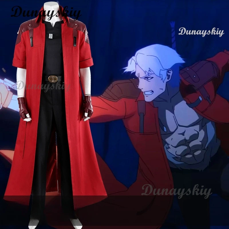 ชุดคอสเพลย์แดเน็ตจากอนิเมะ Devil May Cry พร้อมวิกผมสีขาว เสื้อโค้ทสีแดง ชุดยูนิฟอร์มสำหรับผู้ชาย ถุงมือ ชุดสำหรับงานปาร์ตี้และเล่นบทบาทสมมติ รับสั่งตัดตามแบบ