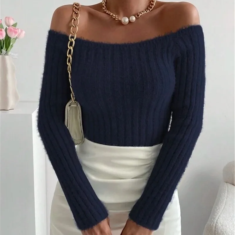 

New Trendy Women's One-shoulder Short Sweater Long-sleeved Slim Sexy Fashion Pullover Versatile Date Top for Female