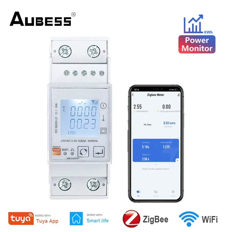 Tuya WiFi / ZigBee Energy Meter Single Phase 80A Din Rail Power Monitor KWh Wattmeter Voltmeter Ampermeter Via ZigBee Gateway