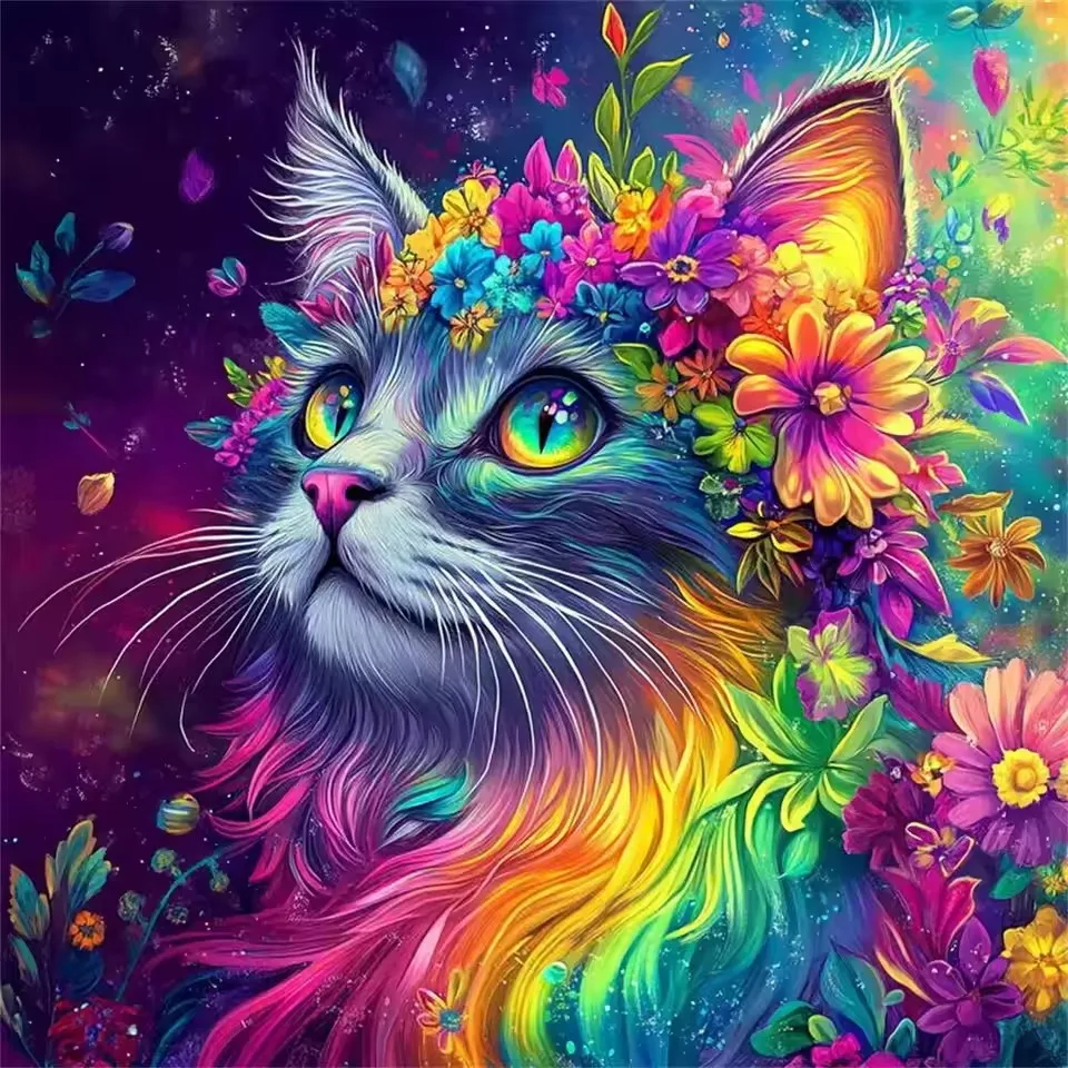 

SDOYUNO Full Square Round Diamond Embroidery Colorful Cat 5D Diamond Painting Flower Cross Stitch Handicraft Decoration Home
