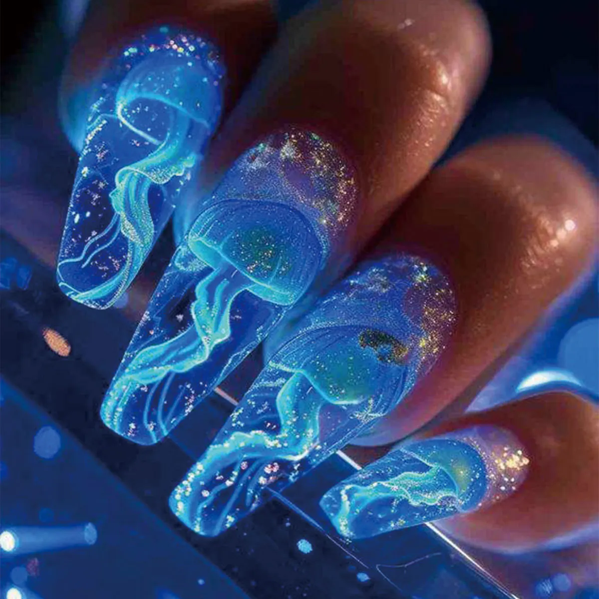 24pcs/set short square Glossy Medium Ballerina Fake Nails jellyfish blue sea wave flowers geometric design press on false nail