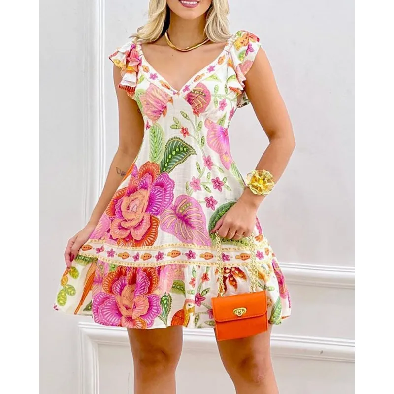 2024 New Spring Summer New Women\'s Sexy Sleeveless Wide Camisole V-neck Backless Print Dress