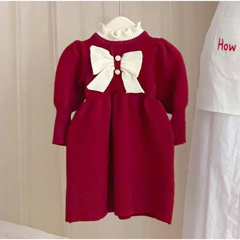 الخريف الفتيات الطفل كشكش محبوك الأميرة سترة فستان عيد الميلاد القوس فستان أحمر الفتيات الحياكة فستان بكم طويل ملابس كاجوال #6