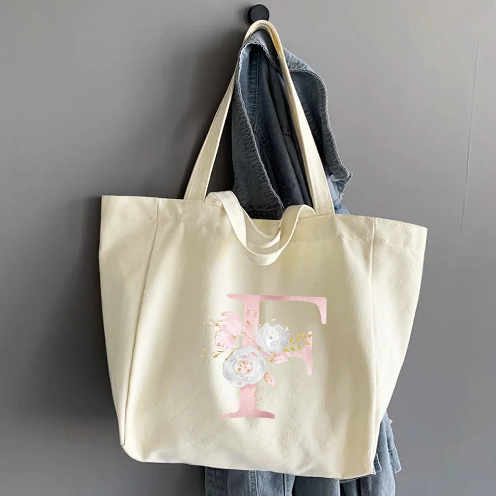 Ladies Shoppers Handbags Large Capacity School Canvas Tote Bags Shopping Bags Pink Flower Letter Series Pattern Shoulder Bags