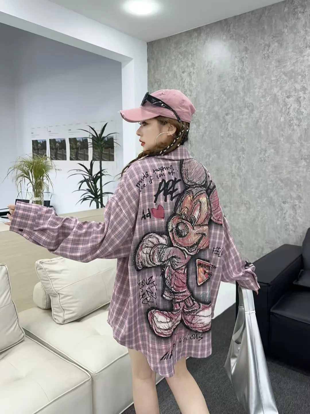 European Station Trendy Women's Clothing 2025 Spring Summer New Vintage Plaid Mid-Length Letter Cartoon Loose Long Sleeve Shirt