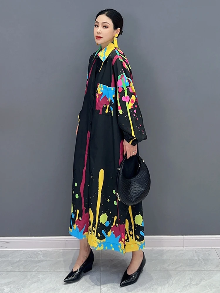 SHENGPALAE Graffiti Printed Dress For Women Fashion Lapel Pocket Patchwork Full Sleeve Loose Vestido Robe Autumn 2024 New 5R5552