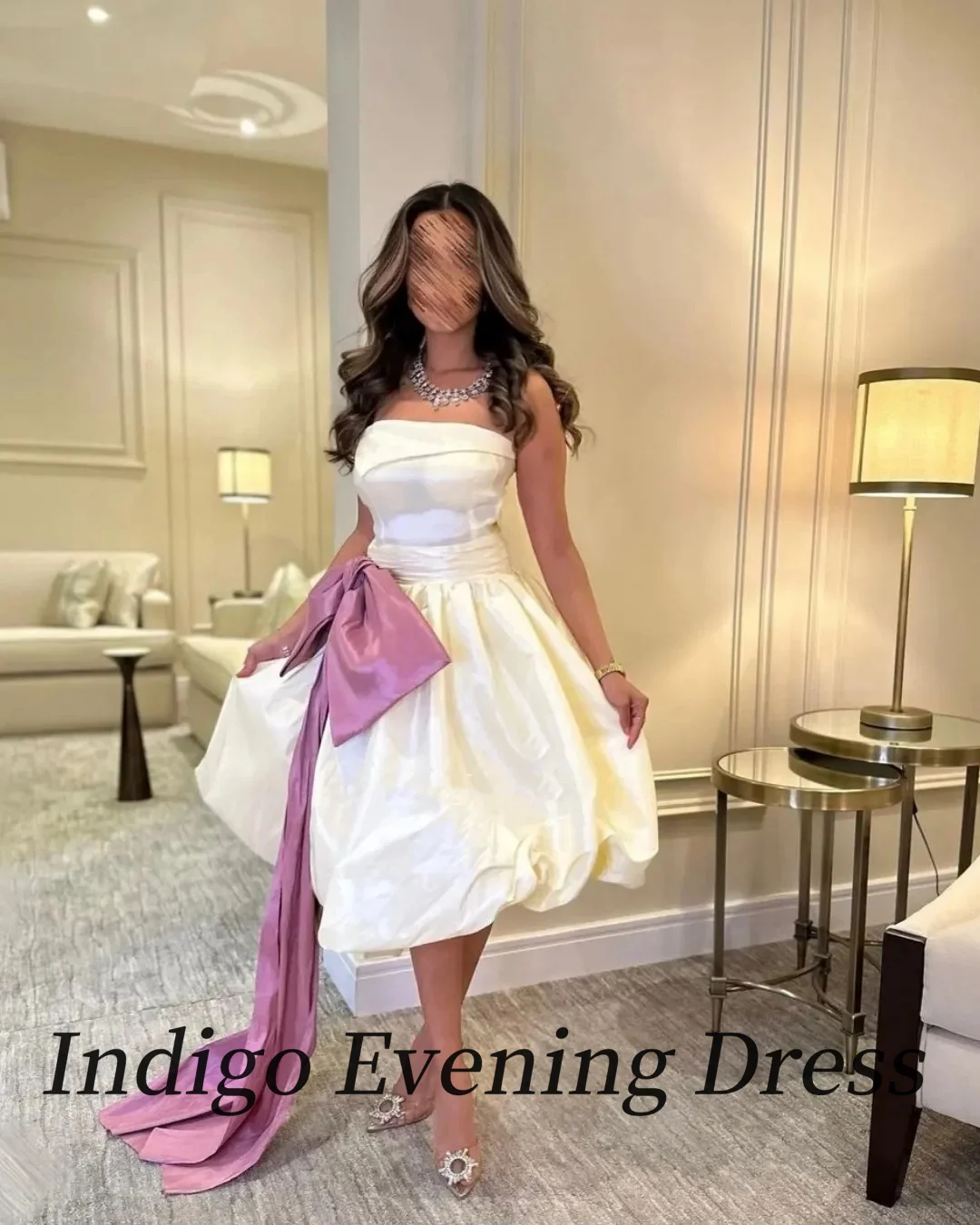 Indigo New Mid Evening Dresses Sleeveless Tea-Length Strapless Bow Women Formal Occasion Party Dress فساتين السهرة Customized