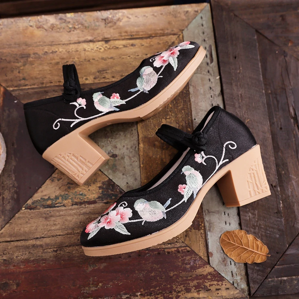 Veowalk Women Satin Embroidered 6cm Block Heel Shoes Comfortable Elegant Ladies Casual Mary Janes Chinese Style Shoes Black Pink