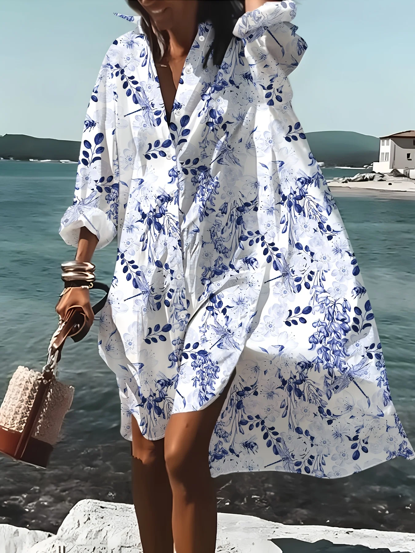 Women Long Sleeve Shirt Dress Floral Print Blue Vacation Style Button Down Casual Summer Dress Loose Fit Boho Chic A Line