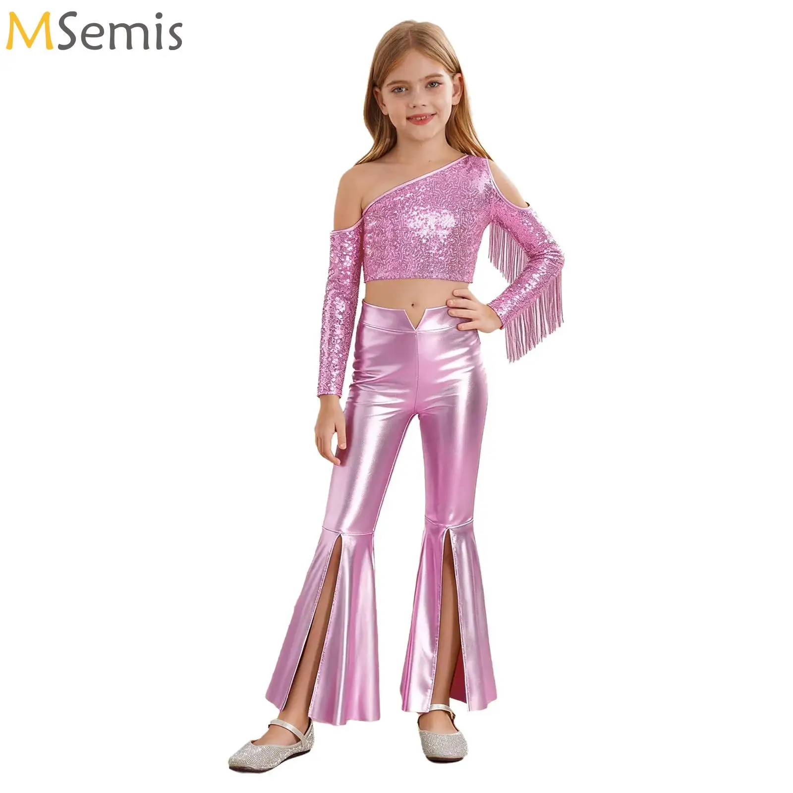 Conjunto de baile de Jazz para niñas, Top de lentejuelas con un hombro y pantalones con parte inferior de campana dividida, traje de baile disco para actuación de danza del vientre