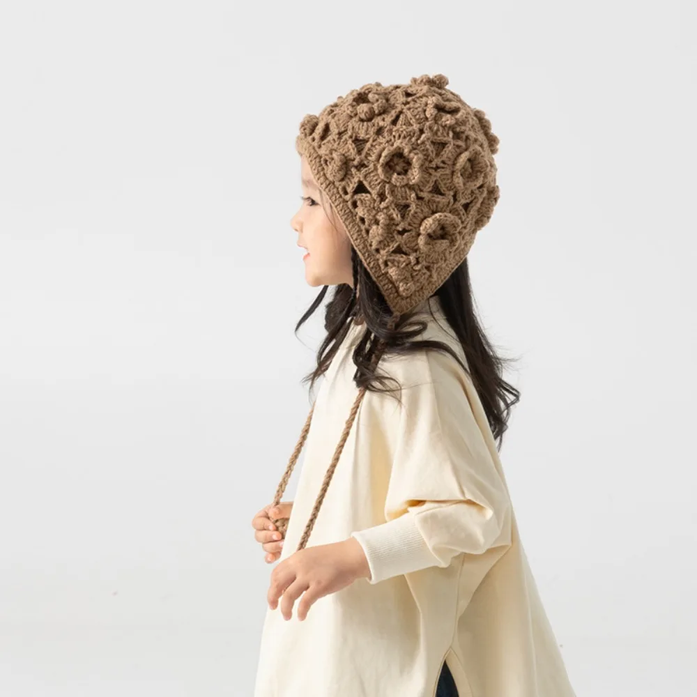 

Vintage Openwork Flower Hand Knitted Hat Solid Color Fringe Strap Autumn Winter Hat Keep Warm Ear Protection Kids Cap Girl