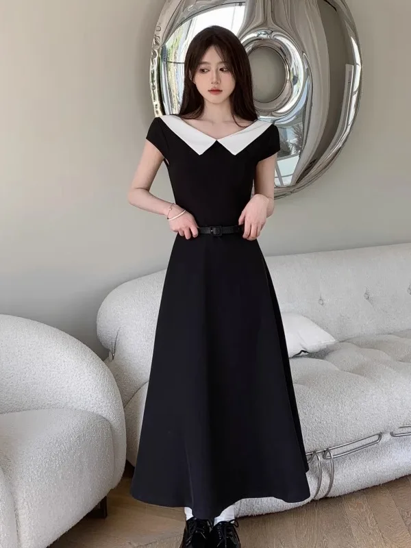 Emagrecer A-Line Dr com cintura plissada e gola em cores contrastantes para mulheres verão coreano Sle Commute ort Sve Lon...