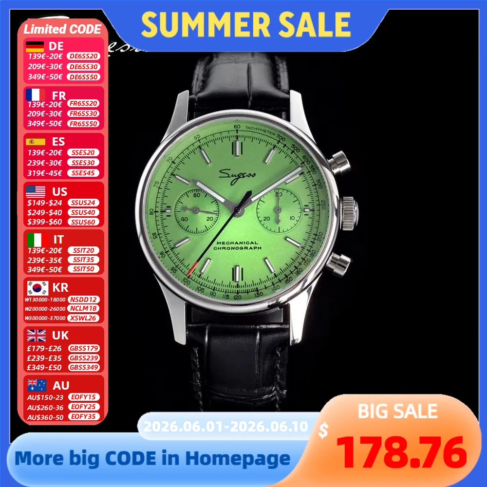 

Sugess 1963 Pilot Mens Watch Chronograph Sapphire Crysta Mechanical Wristwatches Tianjin ST1901 Movement Waterpoorf Green 40mm