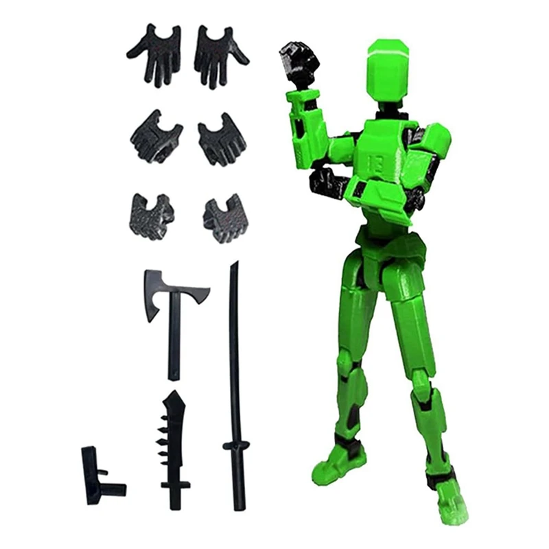 Robot action figure, 3d impresso, verde, simulação completa, para animação stop motion