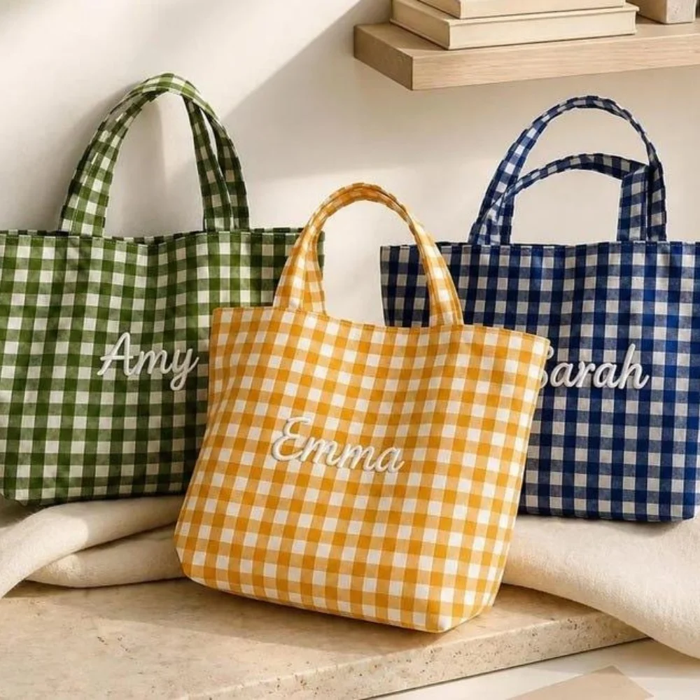 Custom Embroidered Name Gingham Tote Bag Multicolor Checkered Plaid Mini Handbag Personalized Gift for Ladies Bridesmaid
