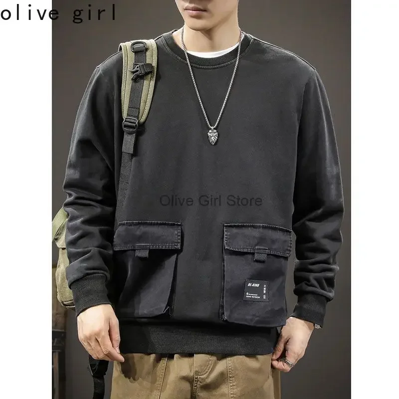 Multi Pocket Hoodie Men's Loose Oversized Casual Workwear Cotton Jacket Men's Spring Autumn Fashion Functional Round Neck Retro