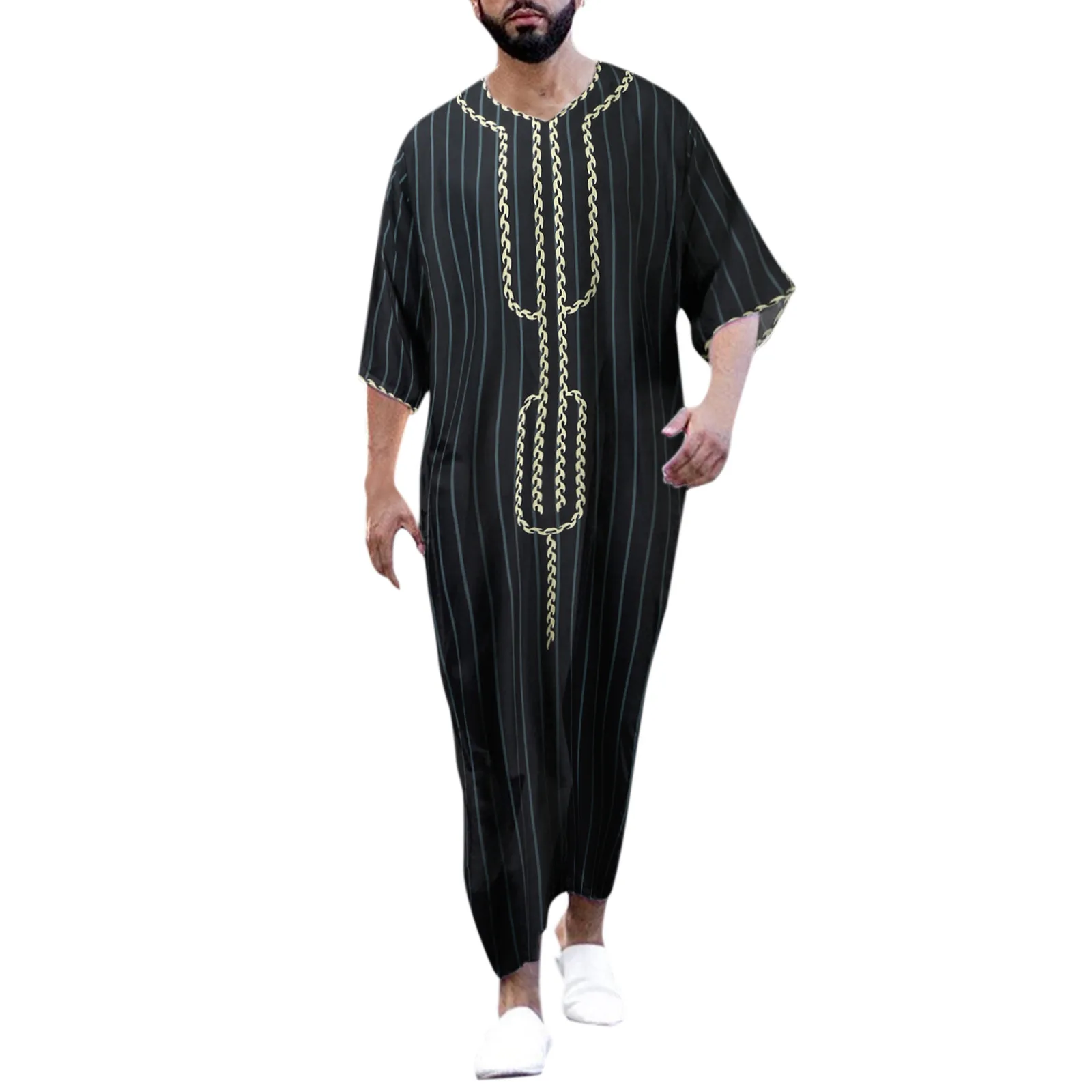 Muslim Mens Jubba Thobe V Neck Clothes Men Ramadan Robe Kaftan Abaya Dubai Turkey Islamic Clothing Male Casual Loose Robe