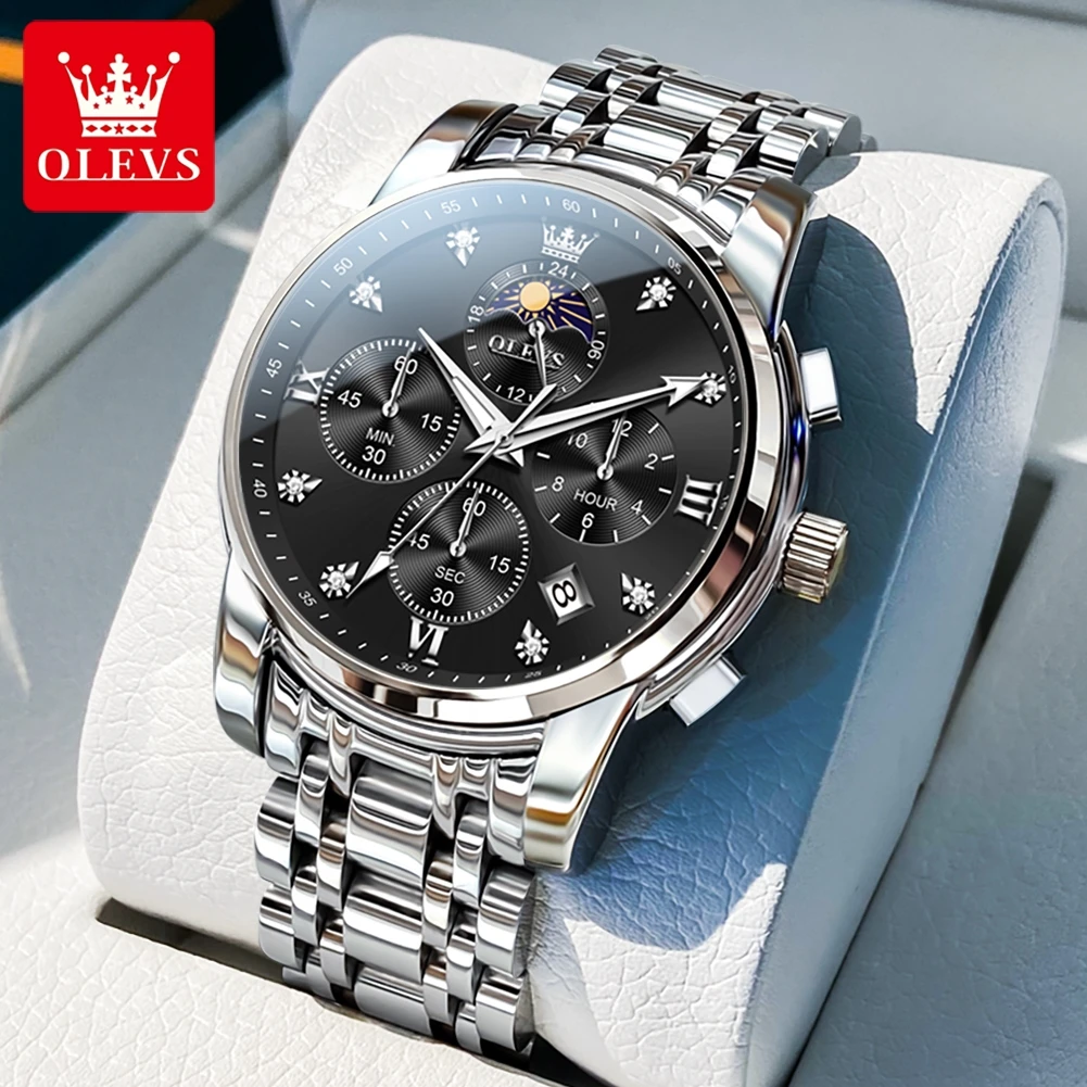 

OLEVS Moon Phase Мужские часы Автоматический хронограф с датой Водонепроницаемые светящиеся классические оригинальные кварцевые часы Мужские часы 3655 Мужские часы