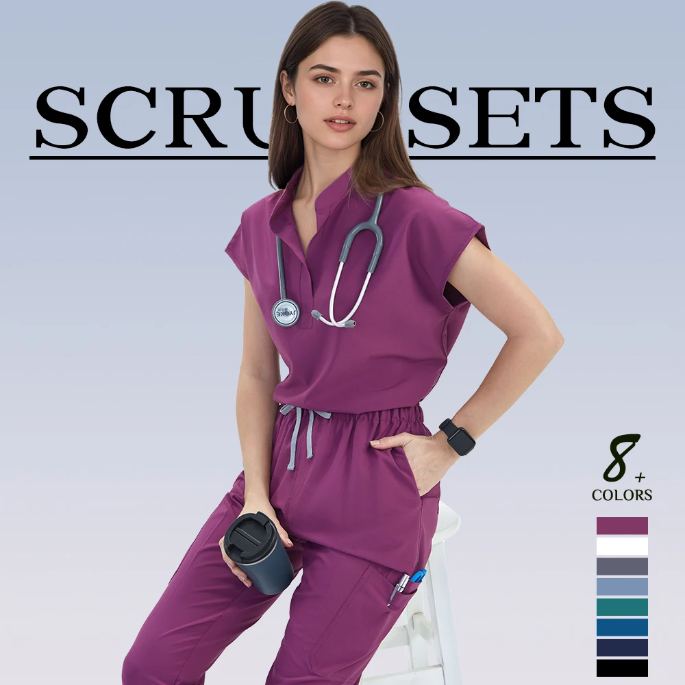 Mandarin Collar Nurse Surgical Scrub Sets Hospital Uniforms Stretch Jogger Pant Tunic Top Dental Nursing Suits Strech  S180-02