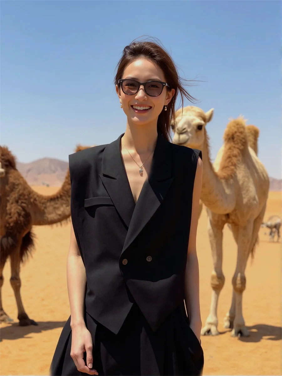 

Women'S Waistcoats Vests Ladies Autumn Black Loose Fit All-Match Trend Korean Style Workplace Professional Sleeveless Button-Up