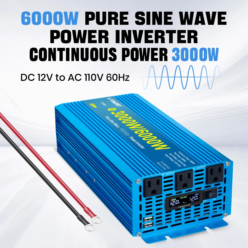 

5000W 6000W Inverter Pure Sine Wave DC12V 24V to AC110V 120V LED Display Smart Car/Caranvan Power Converter 60Hz