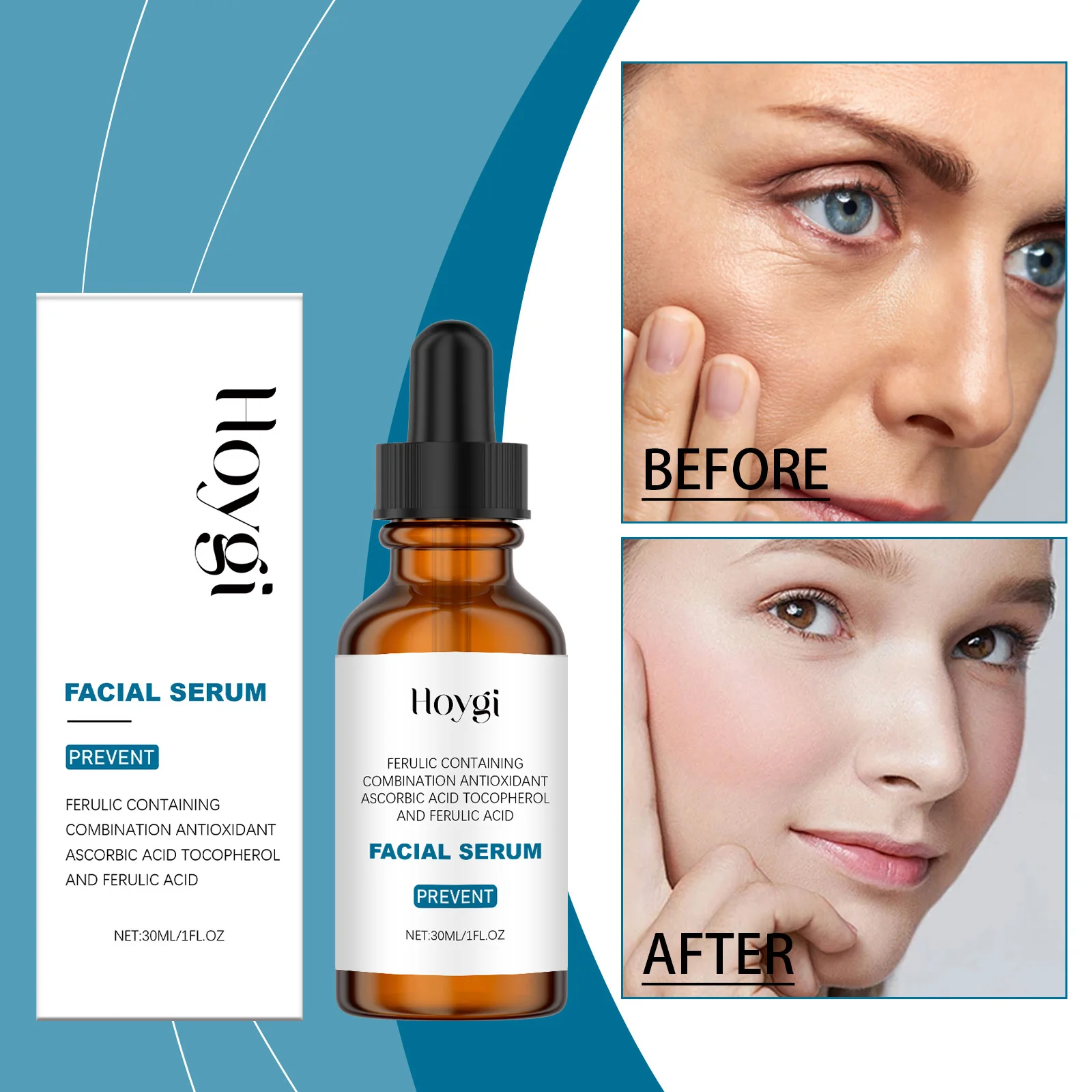 Sérum à l'acide ferulique avec vitamine C & E - Sérum visage antioxydant de 1 oz pour anti-âge et éclaircissant la peau