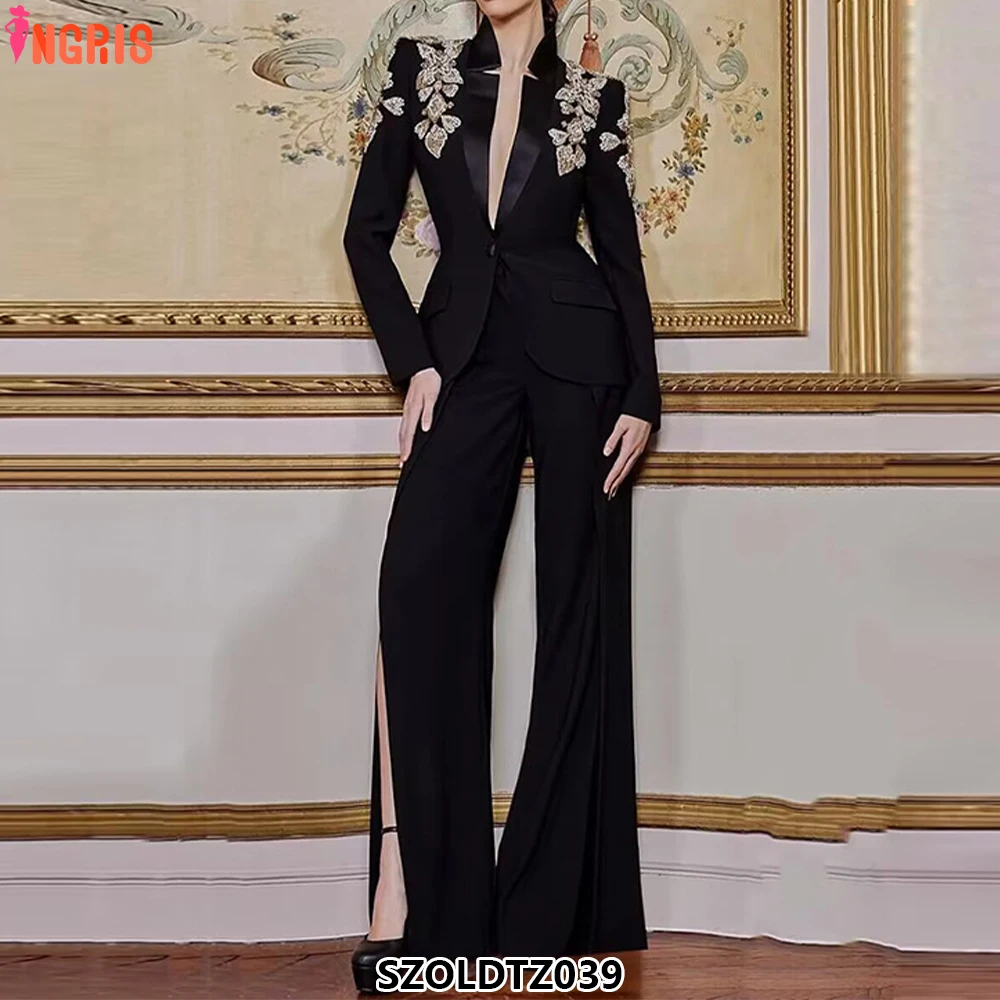 

Black Luxury Crystal Suit Trousers Set High Quality Two Piece Suit Women Fashion Outfit-SZOLDTZ039