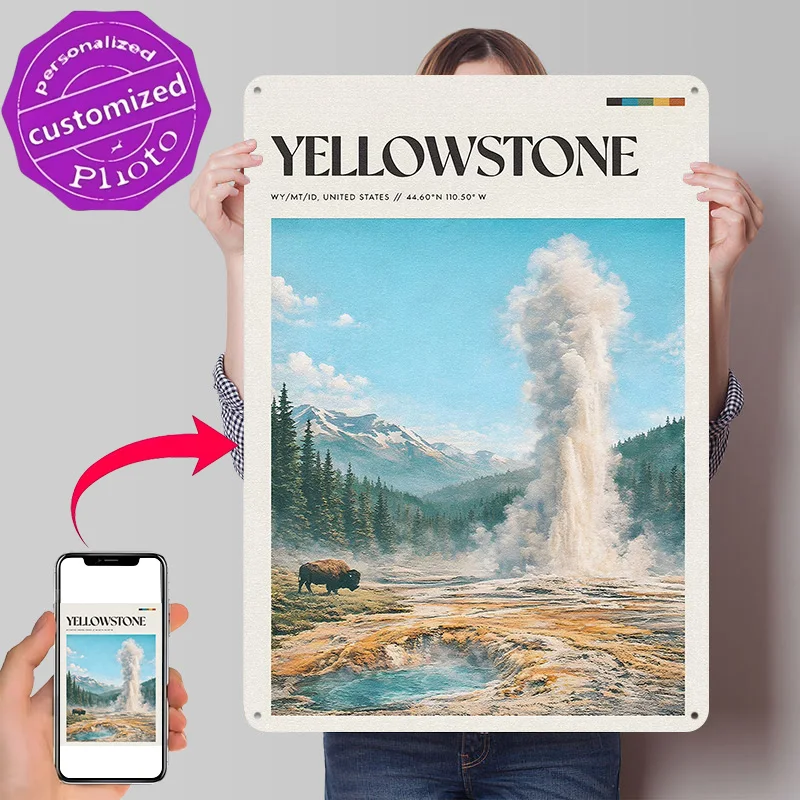Yellowstone Geyser and Bison 3D Texture Printed Poster Custom Vintage Metal Tin Plate Sign for Wall Art Gaming Room Decoration