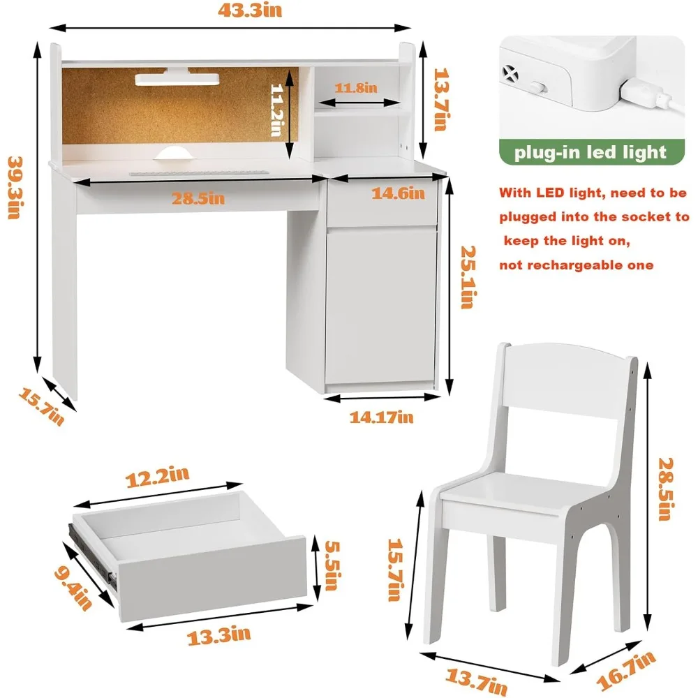 PakaLife Kids Study Desk and Chair Set with 3-Color Light, Tiltable Desk, Multifunctional