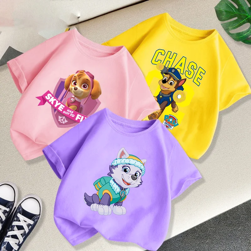 Paw patrol roupas para crianças colorido camiseta de algodão anime roupas bonito skye padrão topos base t camisa dos miúdos meninos meninas presente