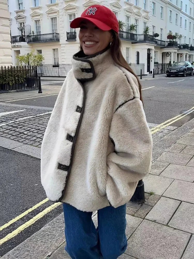 Women's Patchwork Design Short High Street Standing Collar Jacket New Fashion Single Breasted Loose Fleece Jacket Women's