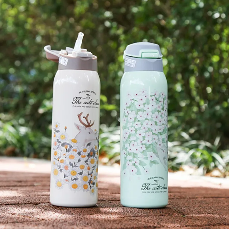 480ml Fashion Stainless Steel 304 Vacuum Flask With Straw Leak-Proof Thermal Water Bottle With Rope