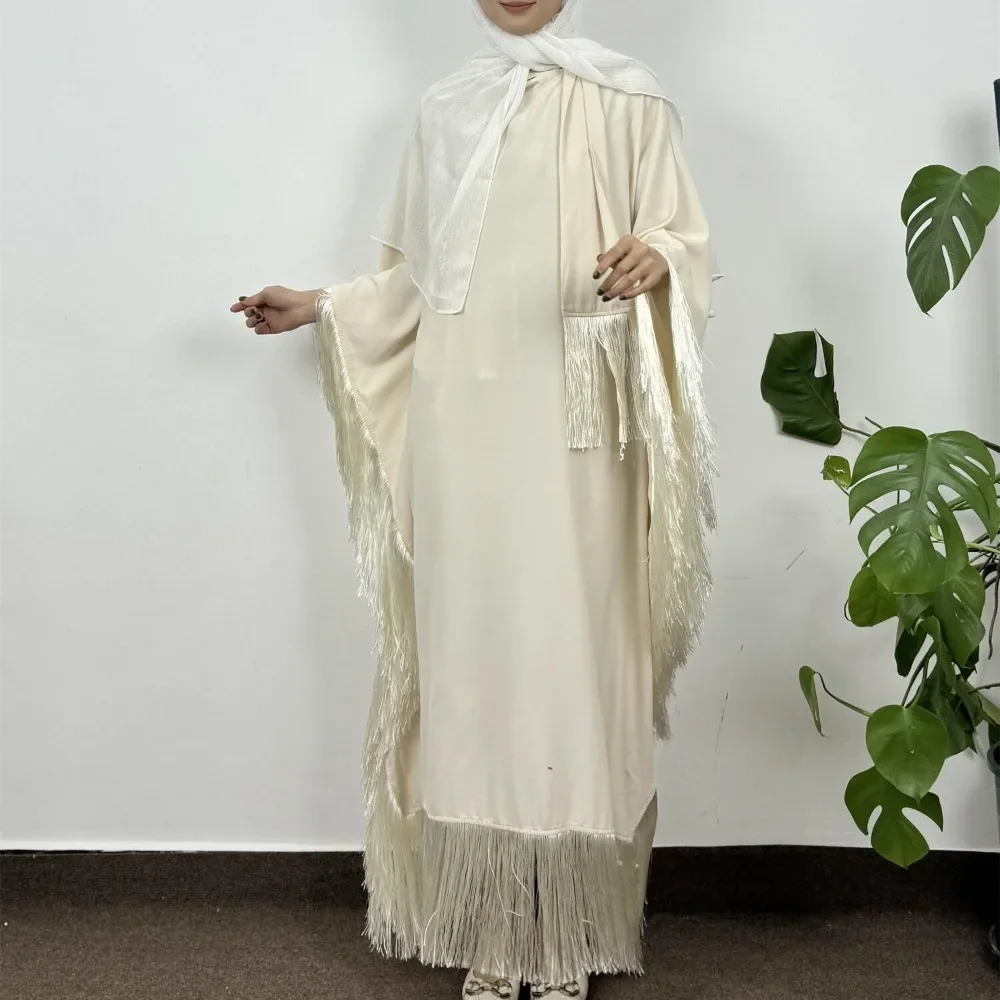 Muslim Abayas Loose Kaftans Tassel Full Sleeve Islamic Prayer Dress Women Jilbabs  Women's Clothing