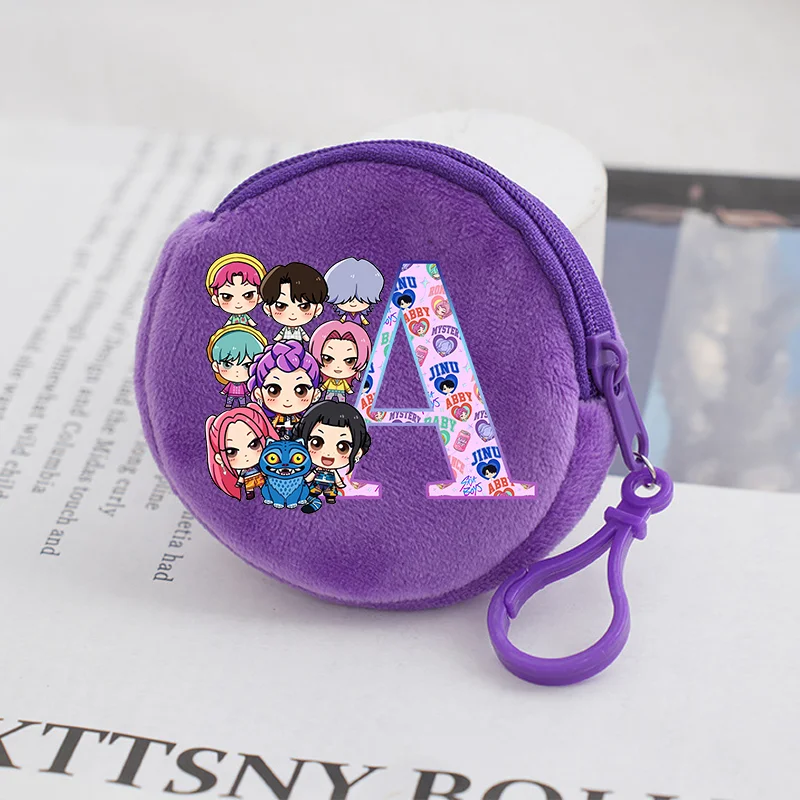 KPop Demon Hunters Purse Kawaii Cartoon Anime Letter A-Z Zipper Wallet Girl Student Round Mini Wallets Trend Pendant Kids Gift
