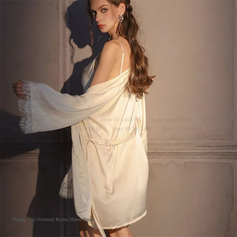 Set di vestaglia Twinset sexy per donna Primavera Estate Nuovi indumenti da notte in seta di ghiaccio Abito da casa Patchwork Lingerie di pizzo Camicia da notte Pigiama