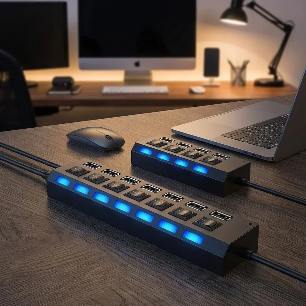 USB 2.0 Hub 4/7 Port Splitter With Independent ON/OFF Switches High Speed LED Lighting Power Adapter Multi-port Expander For PC